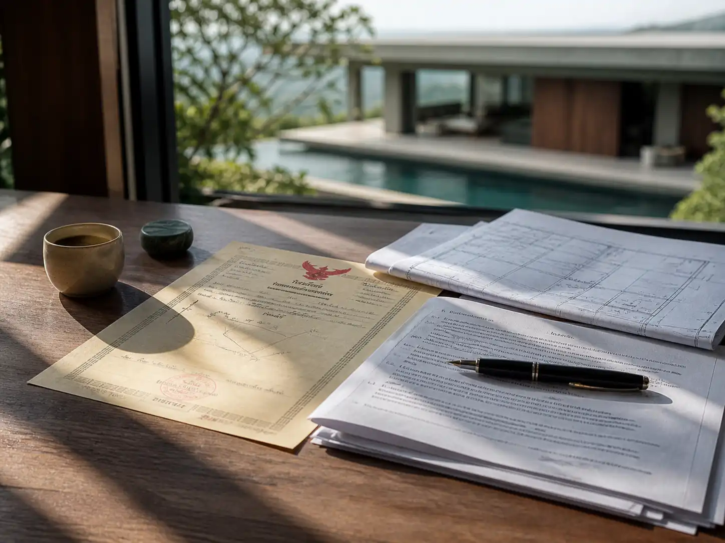 Thai land title and legal documents with luxury villa in the background